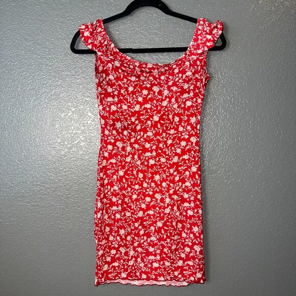 Papaya Red & White Floral Ruched Mini Dress - Size Medium - Picture 3 of 6